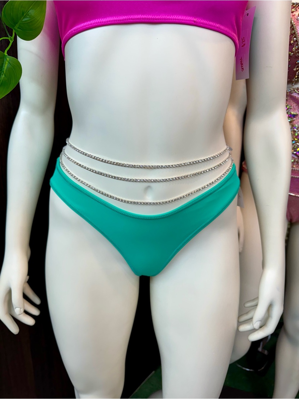 Seafoam Hipster Bikini Bottom with Rhinestone Chain